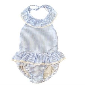 Girls Size 5 blue seersucker swimsuit - brand: Smocked Threads by Cecil & Lou